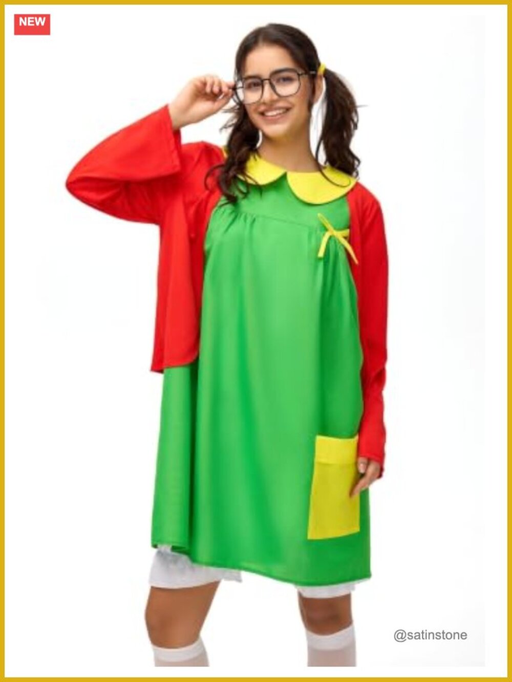 Women's Halloween Costume 6pc Mexican Comedy Outfit Green Dress Red Cardigan